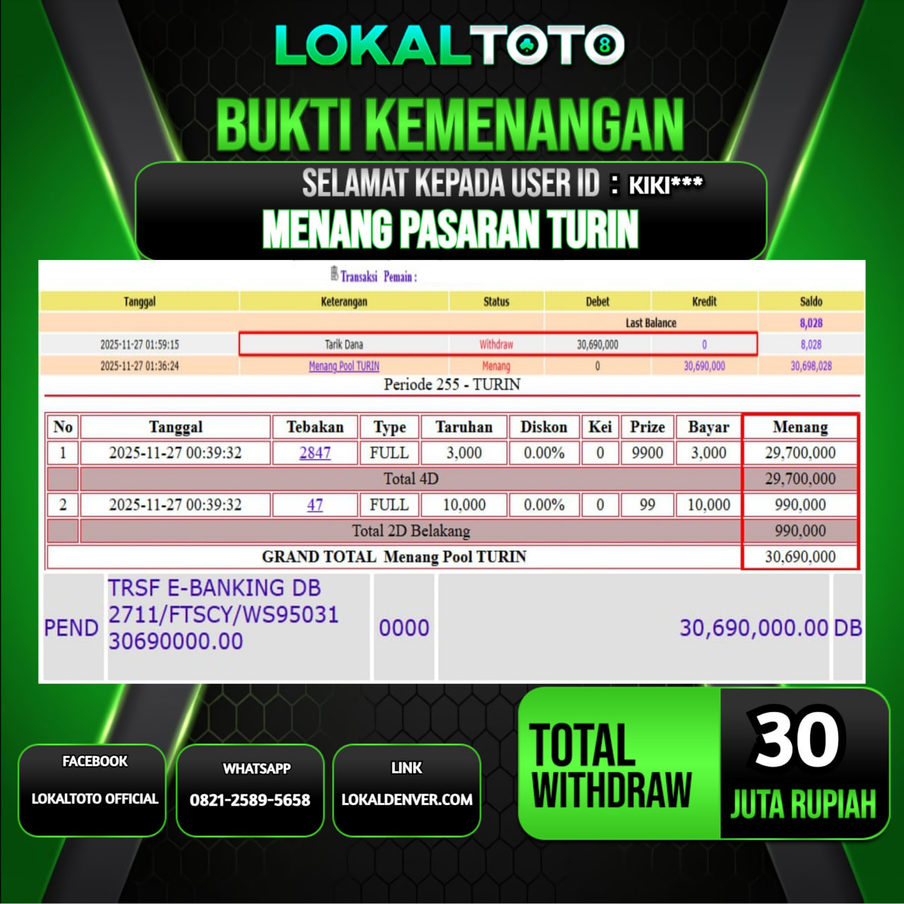 LOKALTOTO JACKPOT PASARAN TURIN RP.30.000.000.,- LUNAS USER ID  :  KIKI***