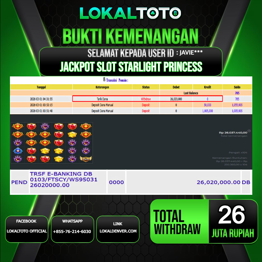 LOKALTOTO JACKPOT SLOT STARLIGHT PRINCESS RP.26.000.000.,- LUNAS USER ID  : JAVIE***