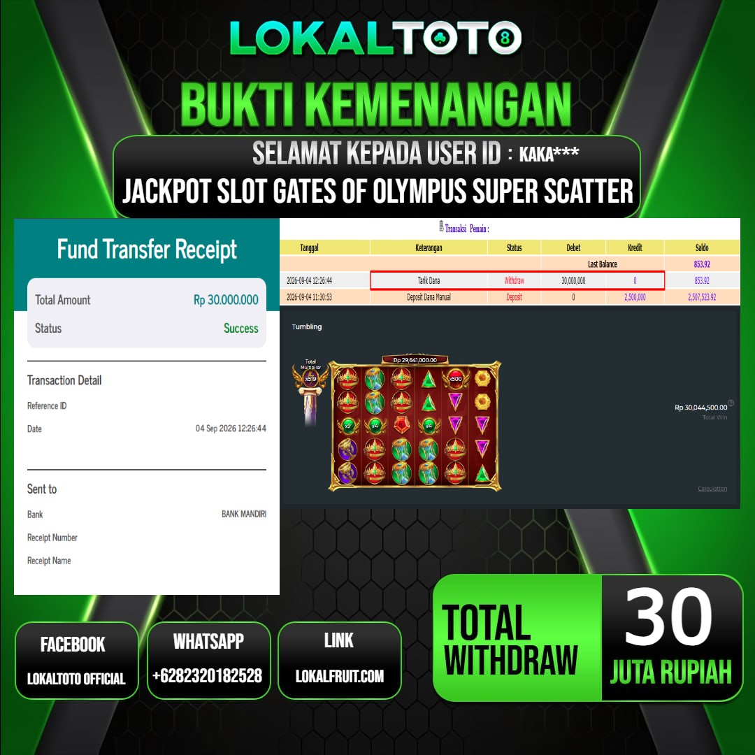 LOKALTOTO JACKPOT SLOT GATES OF OLYMPUS SUPER SCATTER RP.30.000.000.,- LUNAS USER ID : KAKA***