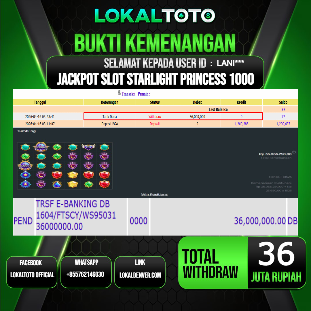 LOKALTOTO JACKPOT SLOT STARLIGHT PRINCESS 1000 RP.36.000.000.,- LUNAS USER ID  : LANI***