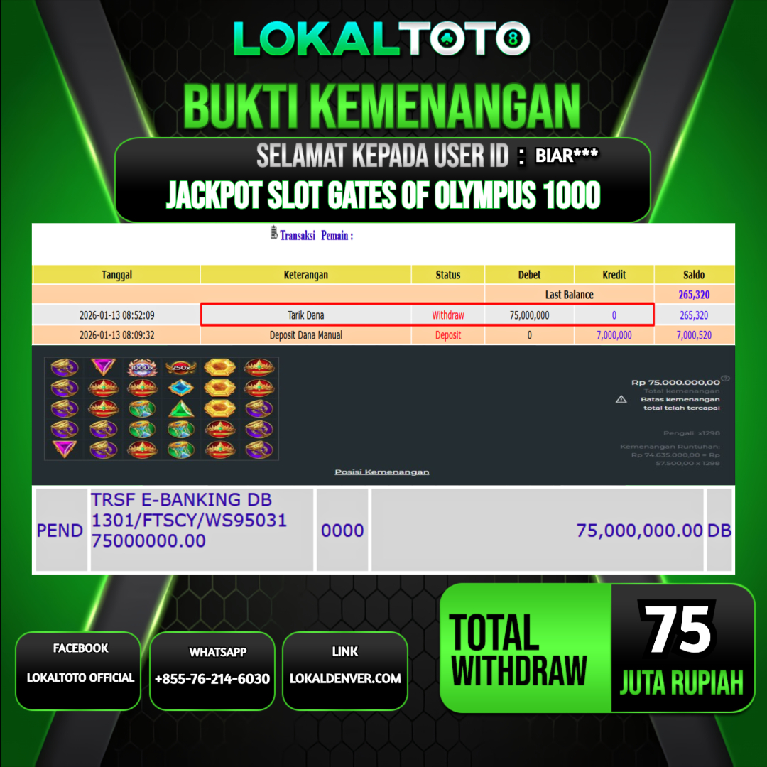 LOKALTOTO JACKPOT SLOT GATES OF OLYMPUS 1000 RP.75.000.000.,- LUNAS USER ID  : BIAR***