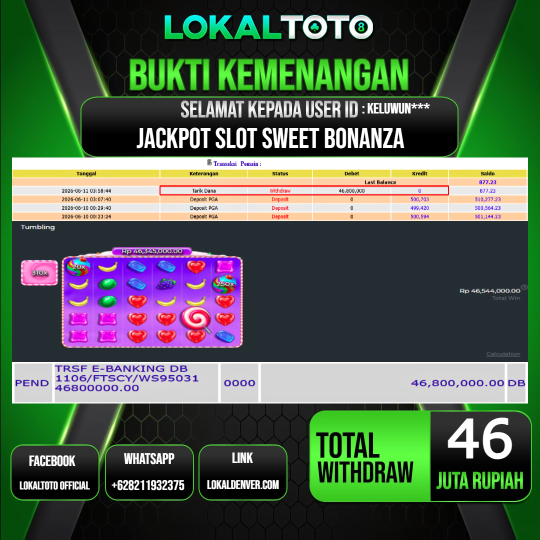 LOKALTOTO  JACKPOT SLOT SWEET BONANZA RP.46.000.000.,- LUNAS USER ID  : KELUWUN***