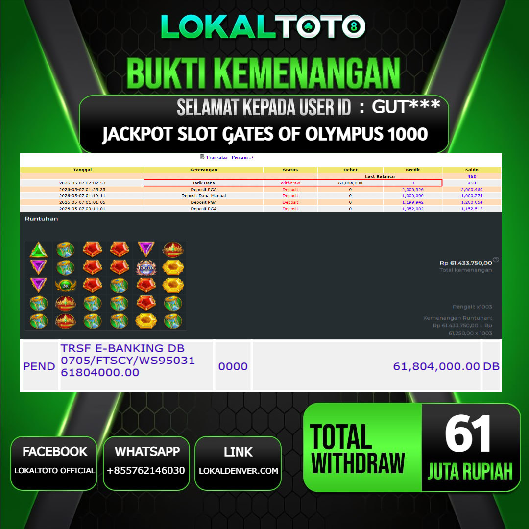 LOKALTOTO JACKPOT SLOT GATES OF OLYMPUS 1000 RP.61.000.000.,- LUNAS USER ID  : GUT***