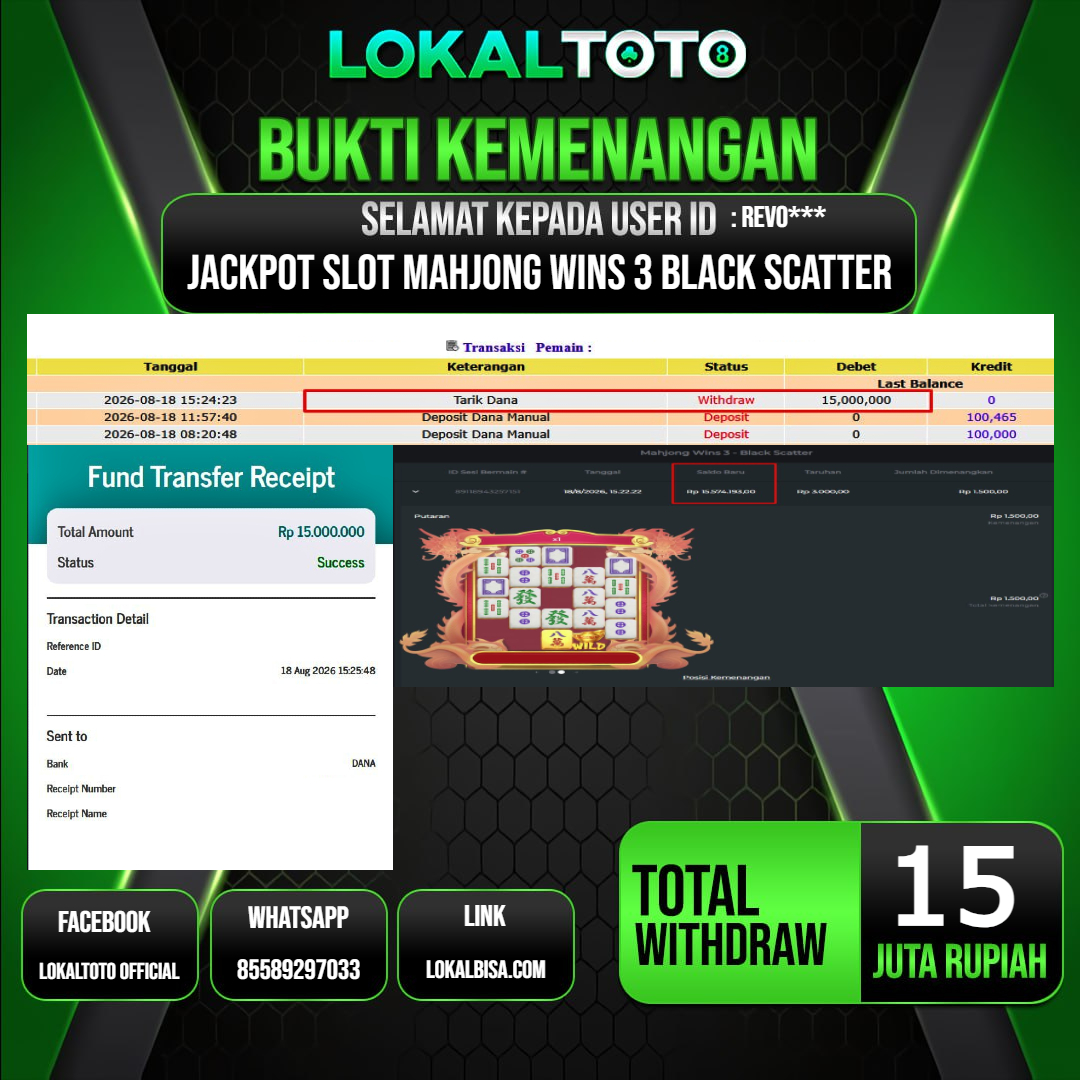 LOKALTOTO JACKPOT SLOT MAHJONG WINS 3 BLACK SCATTER RP.15.000.000.,- LUNAS USER ID :  REVO***