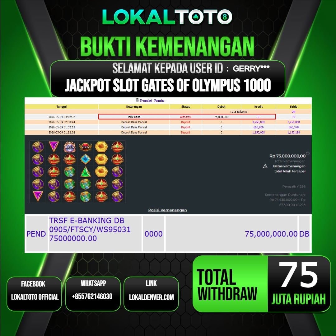 LOKALTOTO JACKPOT SLOT GATES OF OLYMPUS 1000 RP.75.000.000.,- LUNAS USER ID  : GERRY***