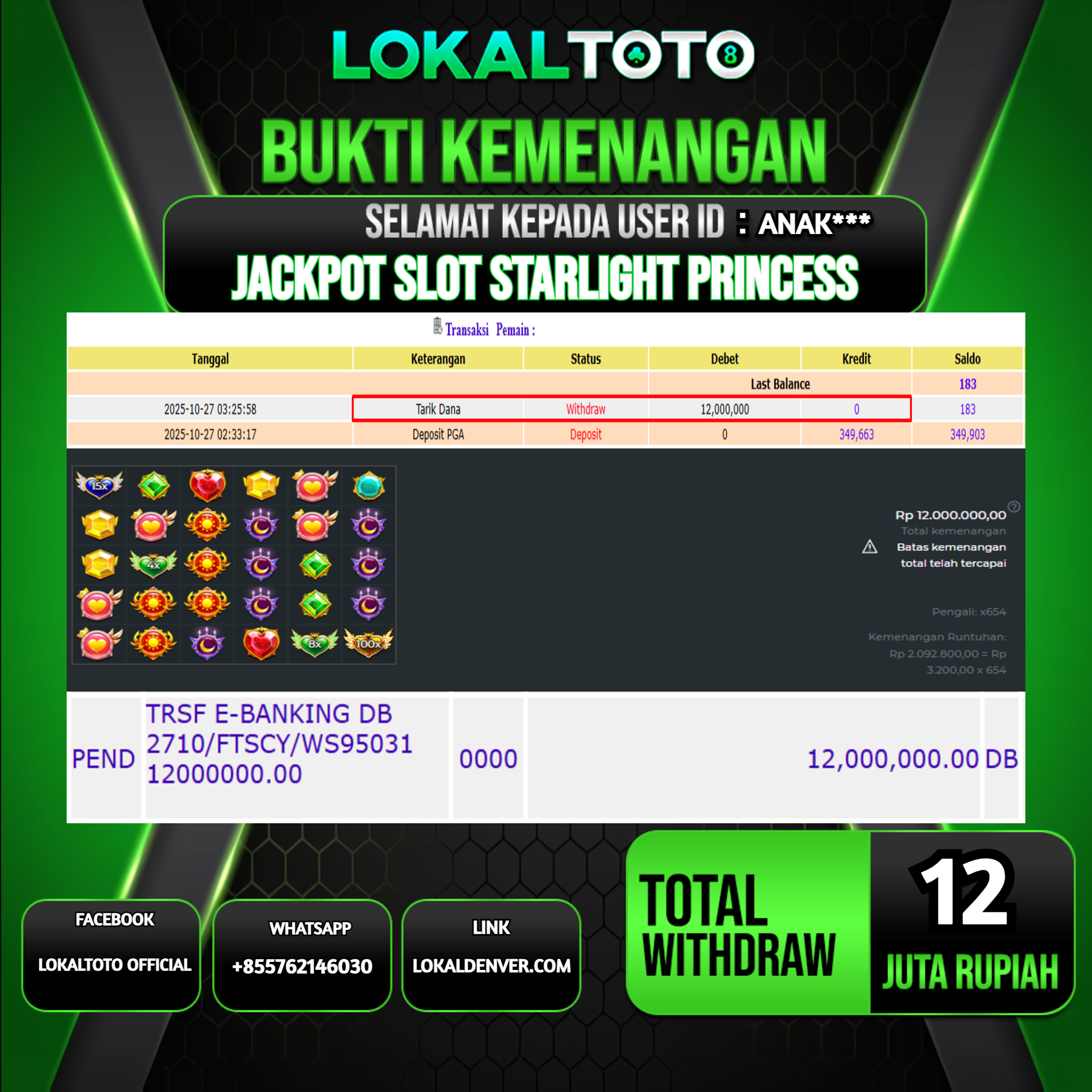 LOKALTOTO JACKPOT SLOT STARLIGHT PRINCESS RP.12.000.000.,- LUNAS USER ID  : ANAK***