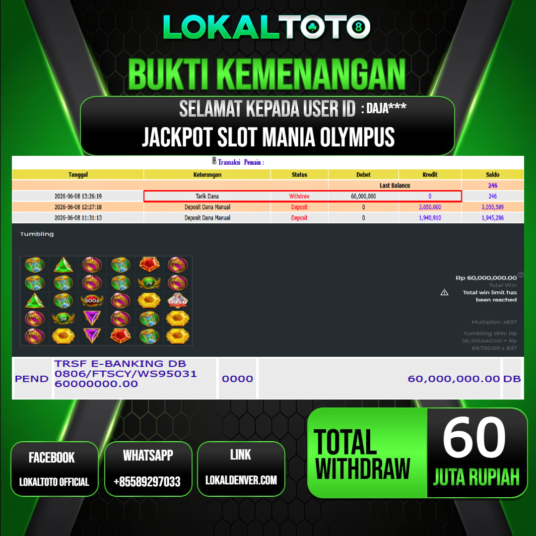 LOKALTOTO  JACKPOT SLOT MANIA OLYMPUS RP.60.000.000.,- LUNAS USER ID  : DAJA***