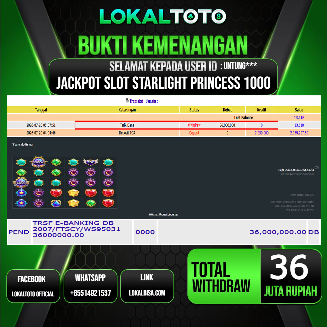 LOKALTOTO JACKPOT SLOT STARLIGHT PRINCESS 1000 RP.36.000.000.,- LUNAS USER ID : UNTUNG***