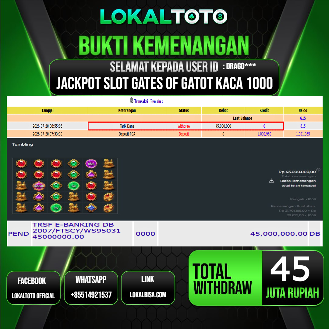LOKALTOTO JACKPOT SLOT GATES OF GATOT KACA 1000 RP.45.000.000.,- LUNAS USER ID : DRAGO***