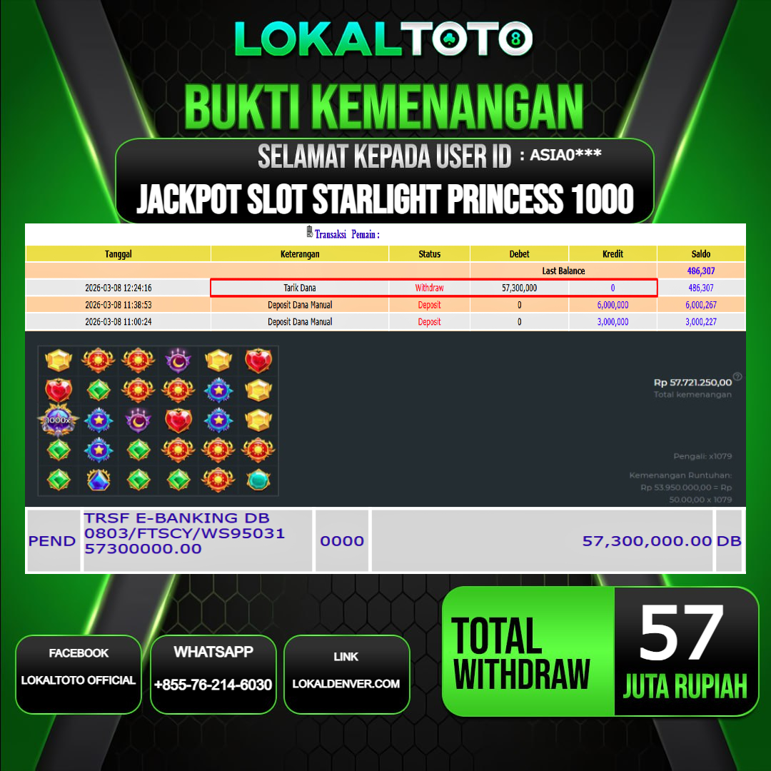 LOKALTOTO JACKPOT SLOT STARLIGHT PRINCESS 1000 RP.57.000.000.,- LUNAS USER ID  : ASIA0***