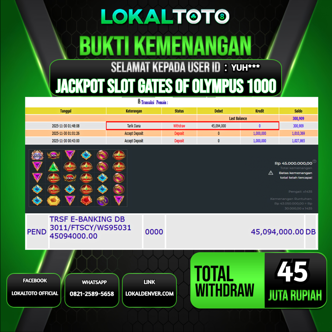 LOKALTOTO JACKPOT SLOT GATES OF OLYMPUS 1000 RP.45.000.000.,- LUNAS USER ID  :  YUH***