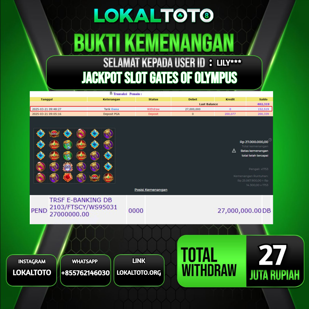 LOKALTOTO JACKPOT SLOT GATES OF OLYMPUS RP.27.000.000.,- LUNAS USER ID : LILY***