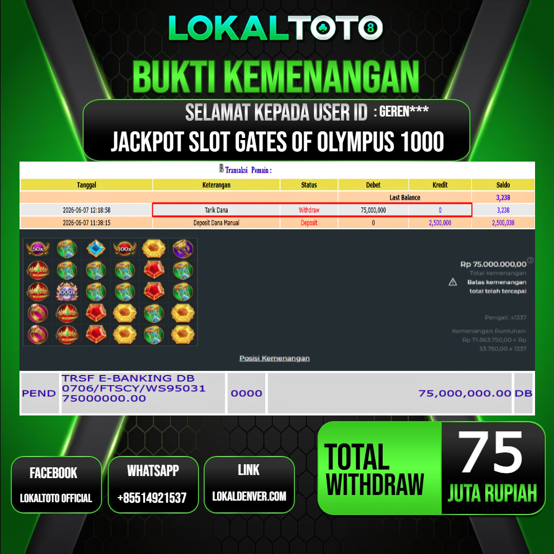LOKALTOTO  JACKPOT SLOT GATES OF OLYMPUS 1000 RP.75.000.000.,- LUNAS USER ID  : GEREN***