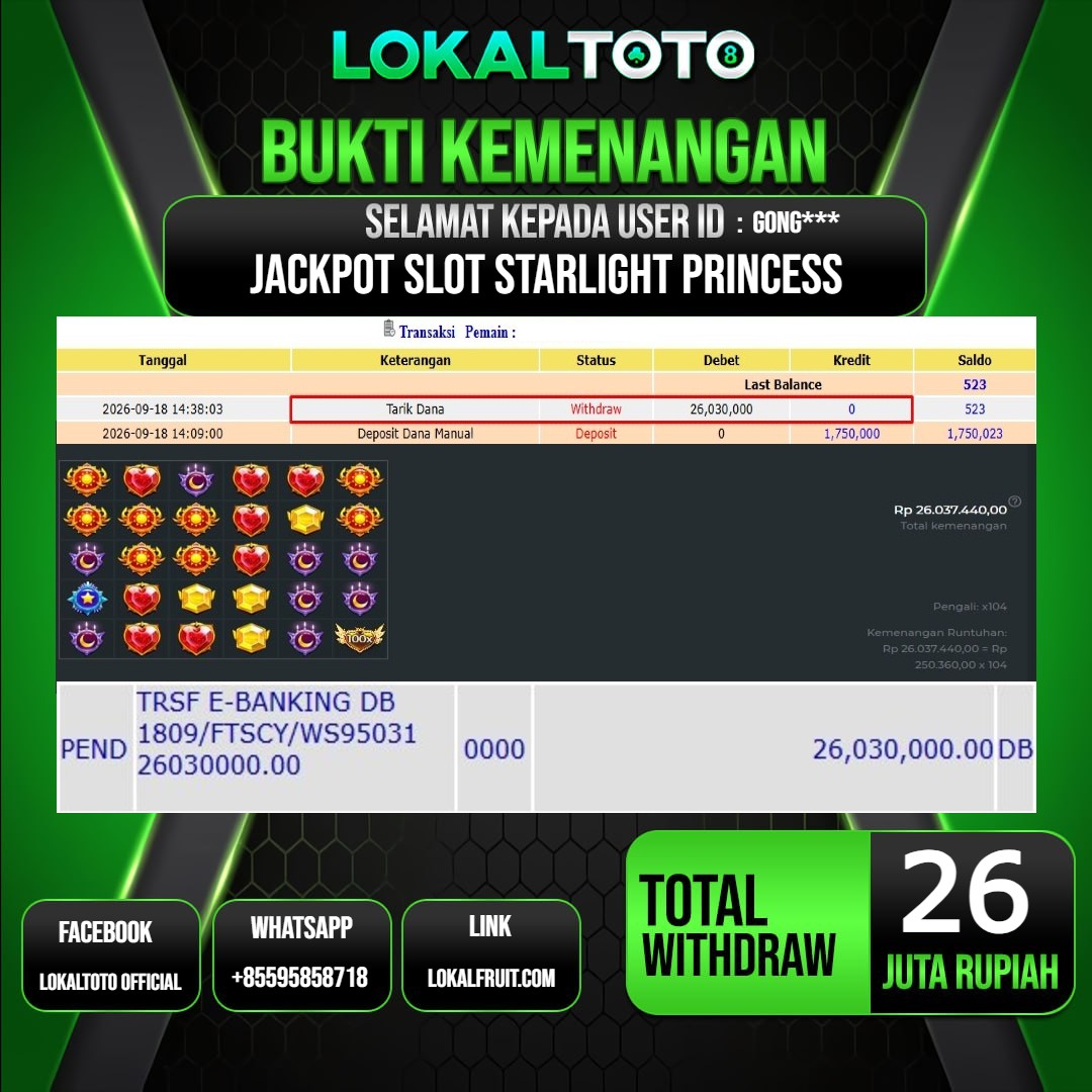 LOKALTOTO JACKPOT SLOT STARLIGHT PRINCESS RP.26.000.000.,- LUNAS USER ID : GONG***