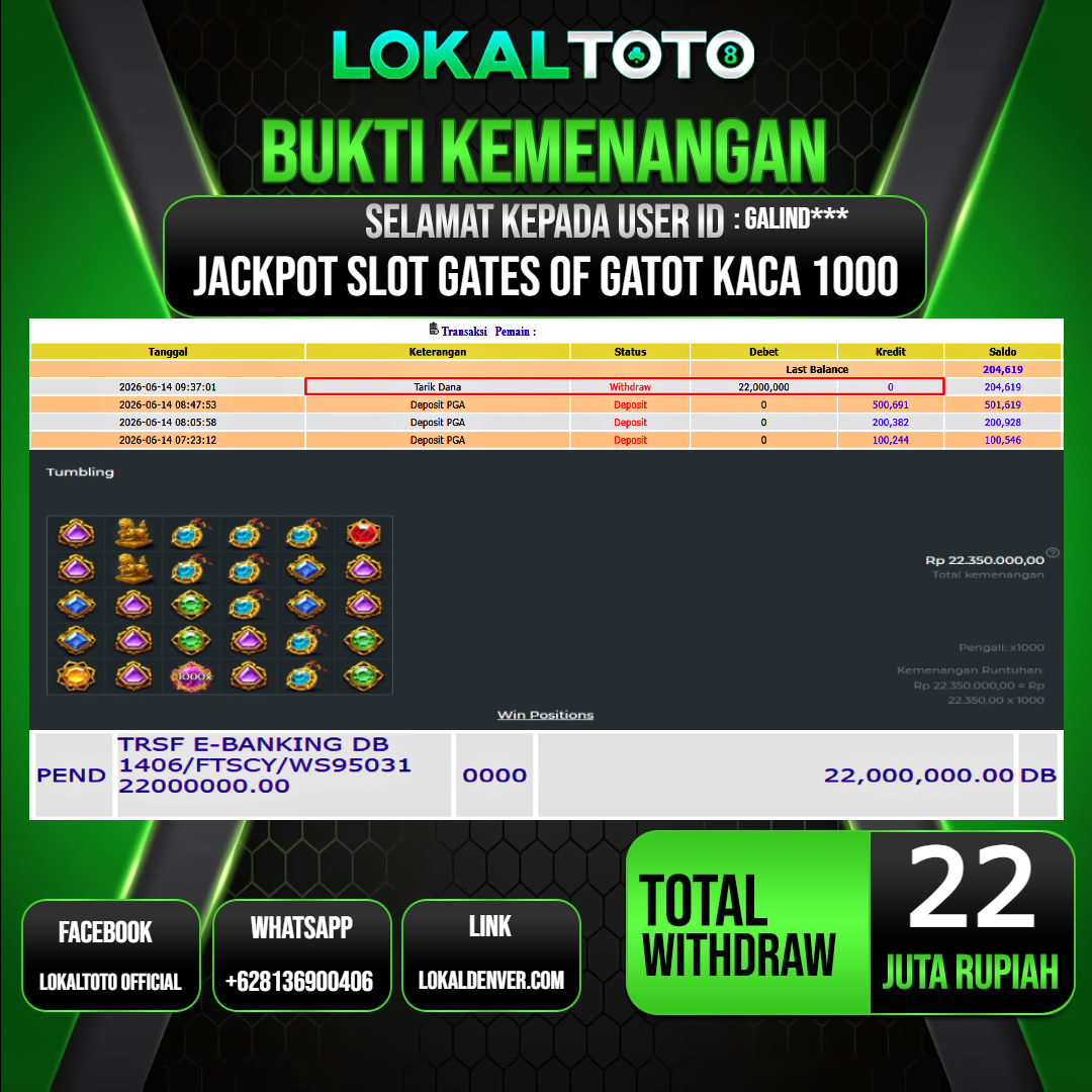 LOKALTOTO  JACKPOT SLOT GATES OF GATOT KACA 1000 RP.22.000.000.,- LUNAS USER ID  :  GALIND***