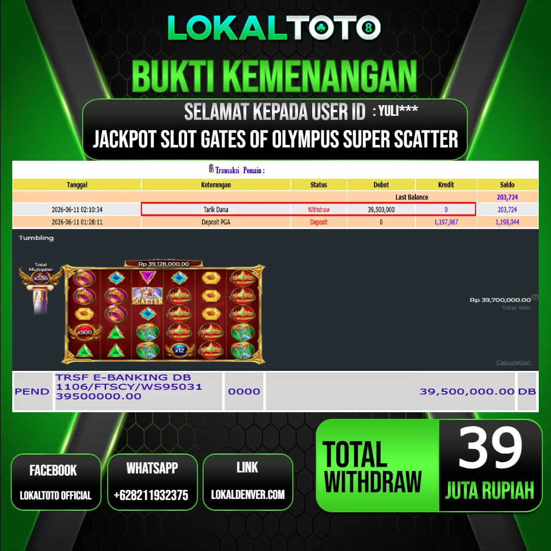 LOKALTOTO  JACKPOT SLOT GATES OF OLYMPUS SUPER SCATTER RP.39.000.000.,- LUNAS USER ID  : YULI***