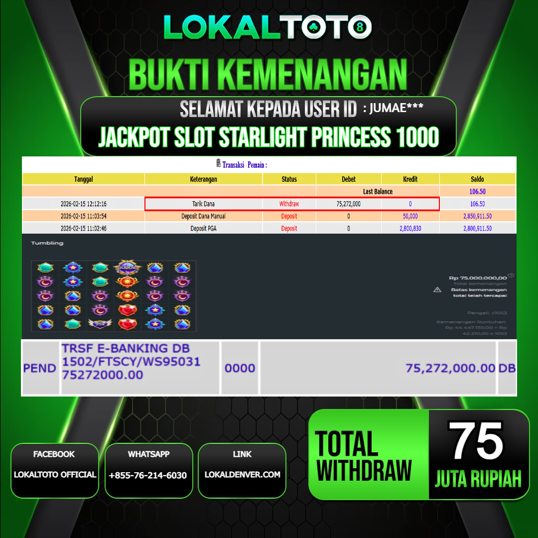 LOKALTOTO JACKPOT SLOT STARLIGHT PRINCESS 1000 RP.75.000.000.,- LUNAS USER ID  : JUMAE***