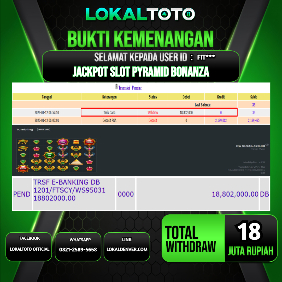 LOKALTOTO JACKPOT SLOT PYRAMID BONANZA RP.18.000.000.,- LUNAS USER ID  : FIT***