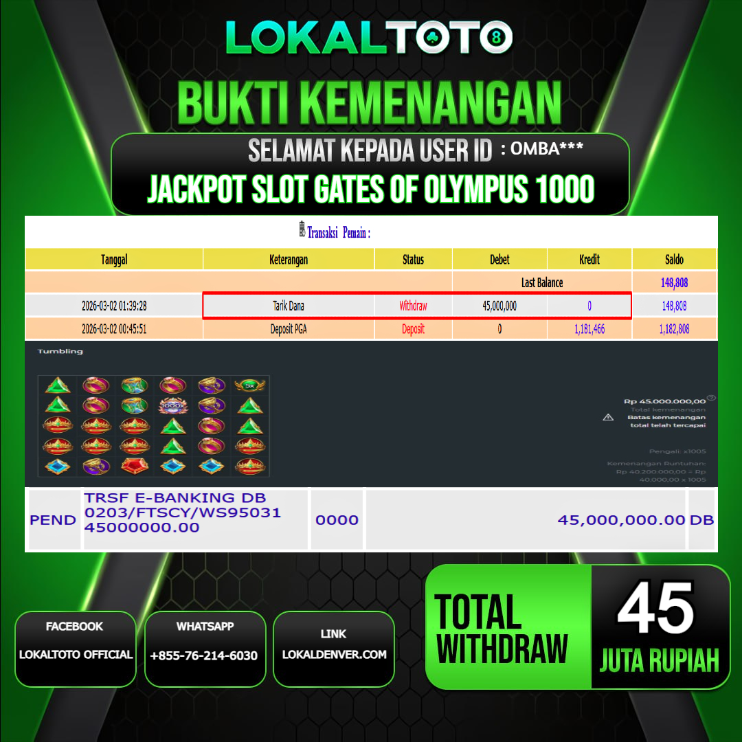 LOKALTOTO JACKPOT SLOT GATES OF OLYMPUS 1000 RP.45.000.000.,- LUNAS USER ID  : OMBA***