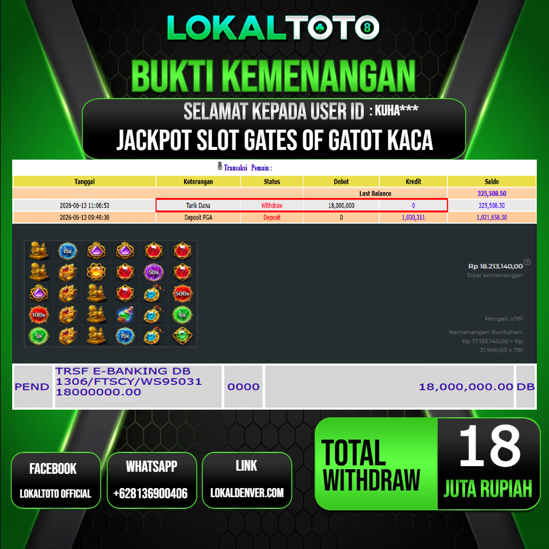 LOKALTOTO  JACKPOT SLOT GATES OF GATOT KACA RP.18.000.000.,- LUNAS USER ID  :  KUHA***