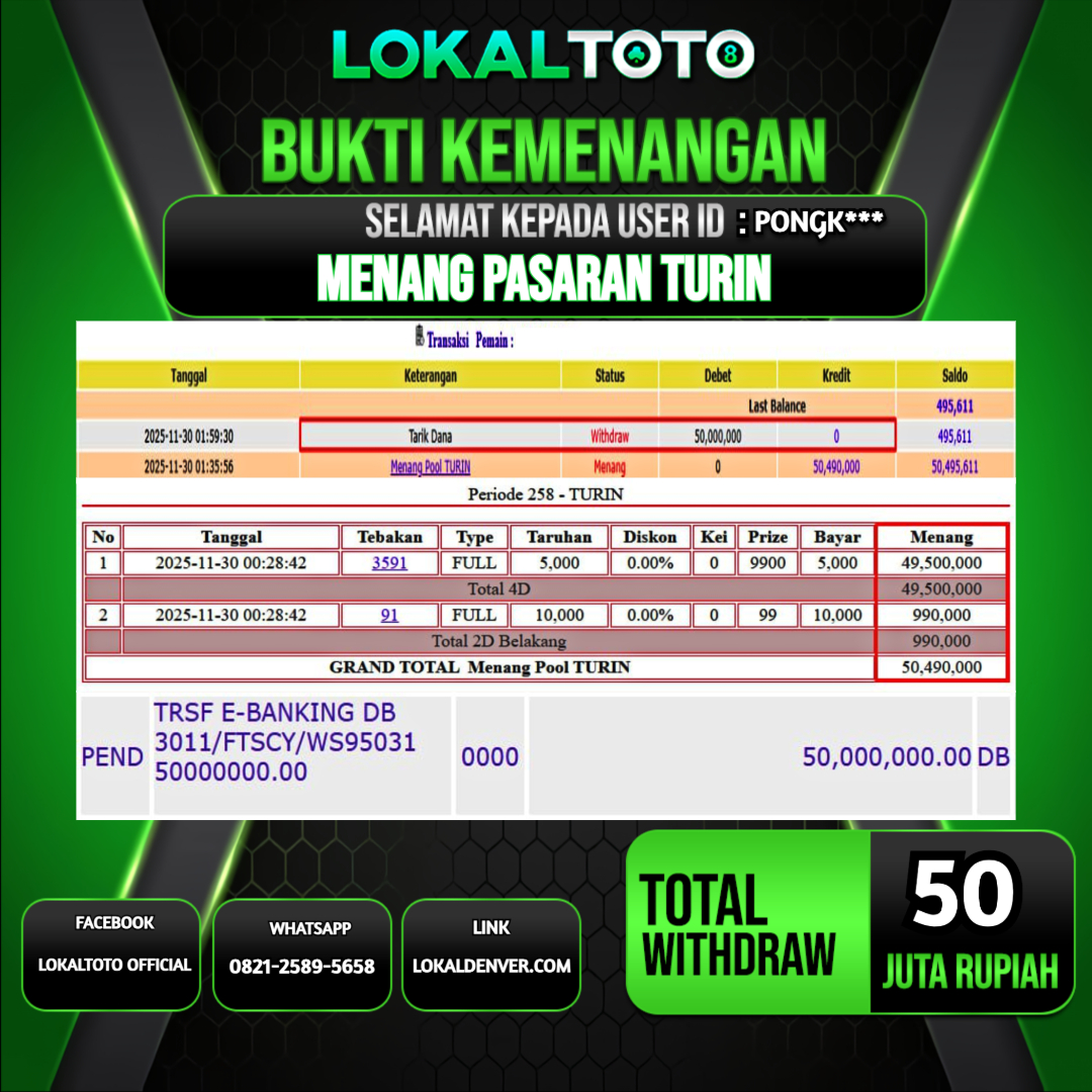 LOKALTOTO JACKPOT PASARAN TURIN RP.50.000.000.,- LUNAS USER ID  :  PONGK***